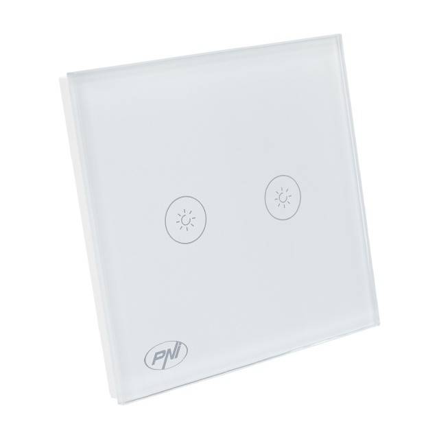 Intrerupator dublu cu touch si dimmer PNI SafeHome DIM202, 2X700W, Live Wire, fara nul, sticla
