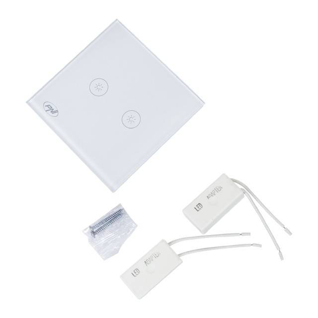 Intrerupator dublu cu touch si dimmer PNI SafeHome DIM202, 2X700W, Live Wire, fara nul, sticla