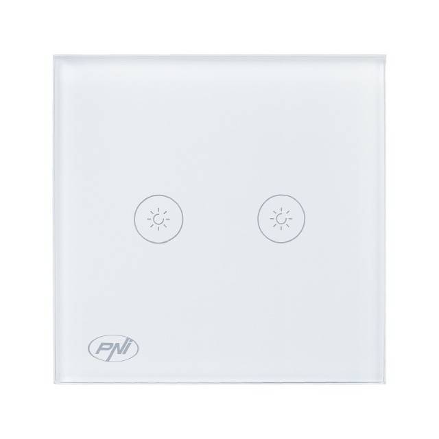 Intrerupator dublu cu touch si dimmer PNI SafeHome DIM202, 2X700W, Live Wire, fara nul, sticla