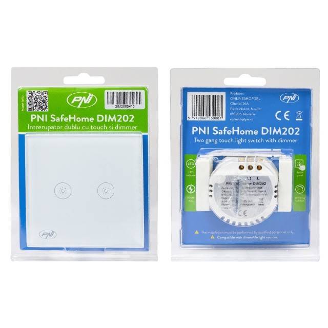 Intrerupator dublu cu touch si dimmer PNI SafeHome DIM202, 2X700W, Live Wire, fara nul, sticla
