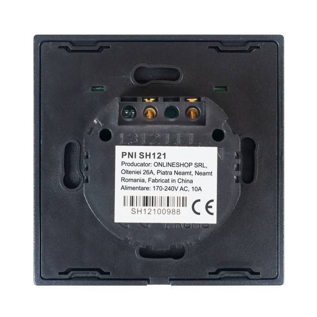 Intrerupator simplu cu touch PNI SH121, din sticla, negru, cu LED indicator, 10A 200W