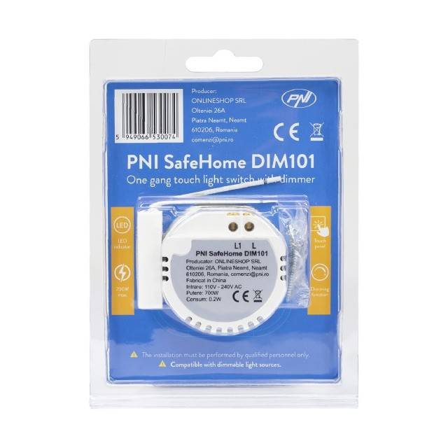 Intrerupator simplu cu touch si dimmer PNI SafeHome DIM101, 1X700W, Live Wire, fara nul, sticla dimabil