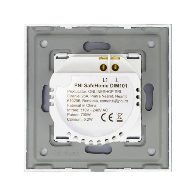 Intrerupator simplu cu touch si dimmer PNI SafeHome DIM101, 1X700W, Live Wire, fara nul, sticla dimabil