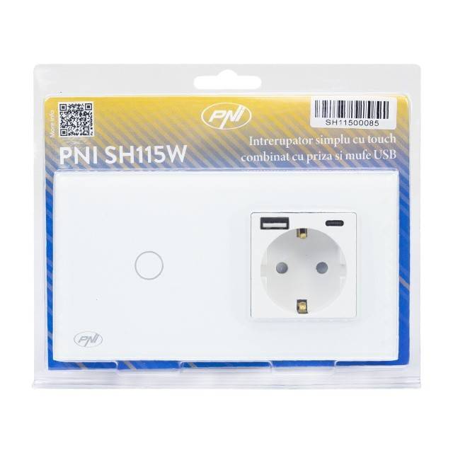 Intrerupator simplu PNI SH115W din sticla cu touch, combinat cu priza Schuko si mufe USB