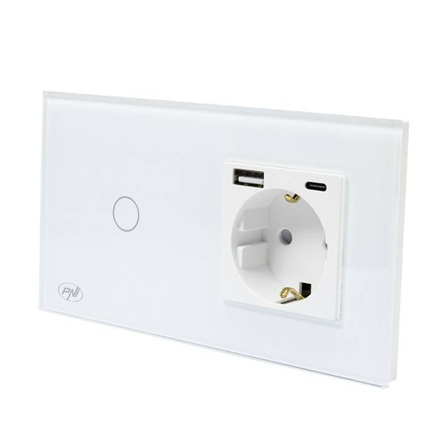 Intrerupator simplu PNI SH115W din sticla cu touch, combinat cu priza Schuko si mufe USB
