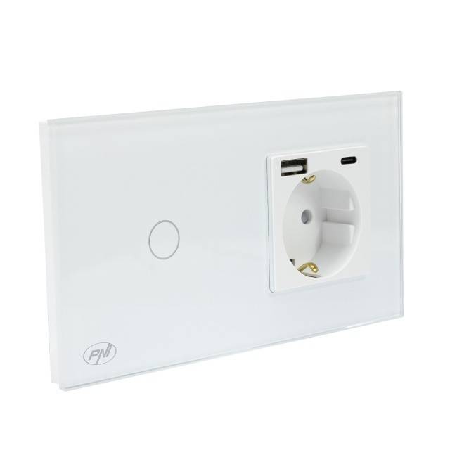 Intrerupator simplu PNI SH115W din sticla cu touch, combinat cu priza Schuko si mufe USB