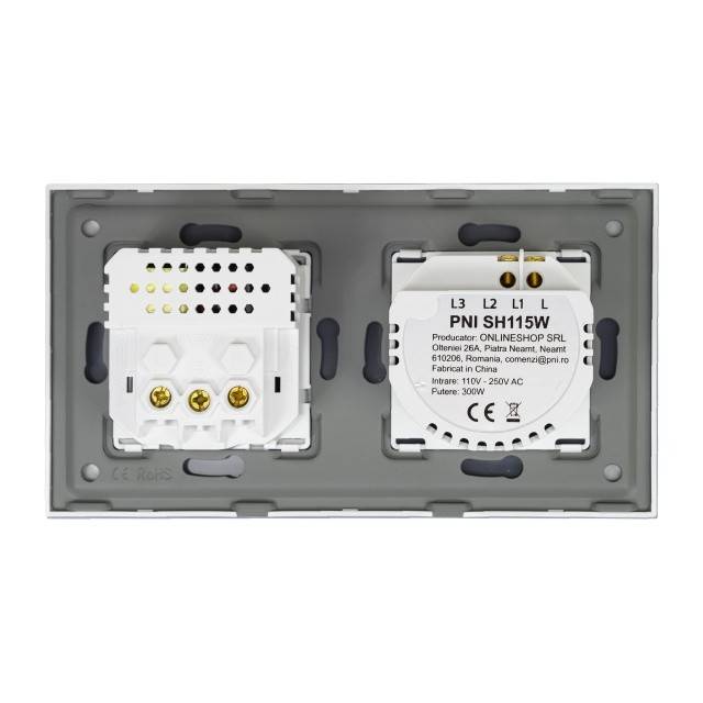 Intrerupator simplu PNI SH115W din sticla cu touch, combinat cu priza Schuko si mufe USB
