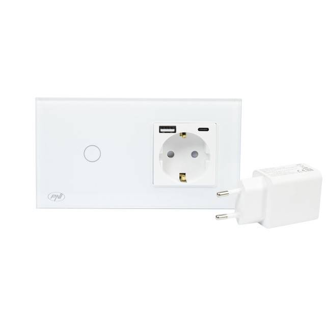 Intrerupator simplu PNI SH115W din sticla cu touch, combinat cu priza Schuko si mufe USB