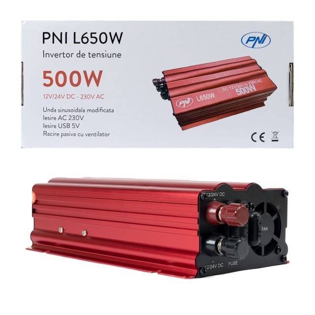 Invertor de tensiune PNI L650W alimentare duala 12V/24V, iesire 230V, 500W, sinus modificat, mufa USB 5V 500mAh, cu clesti alimentare si mufa de
