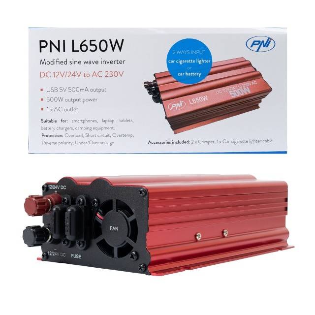 Invertor de tensiune PNI L650W alimentare duala 12V/24V, iesire 230V, 500W, sinus modificat, mufa USB 5V 500mAh, cu clesti alimentare si mufa de
