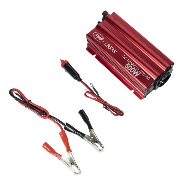 Invertor de tensiune PNI L650W alimentare duala 12V/24V, iesire 230V, 500W, sinus modificat, mufa USB 5V 500mAh, cu clesti alimentare si mufa de