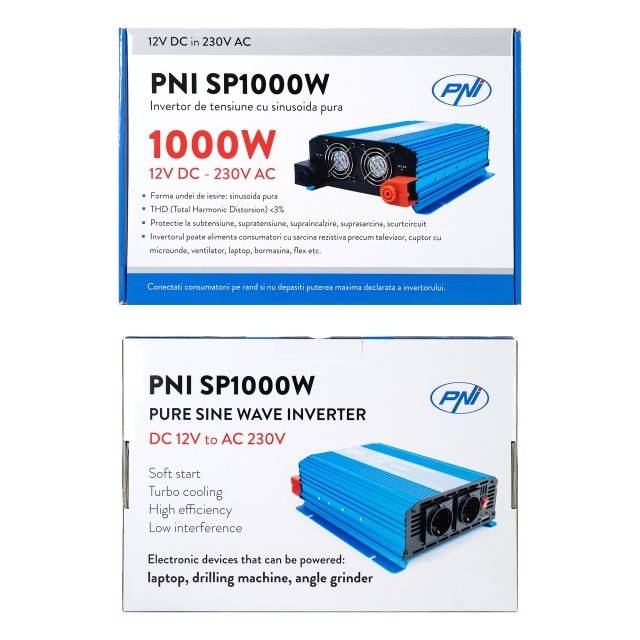 Invertor de tensiune PNI SP1000W cu sinusoida pura, alimentare 12V