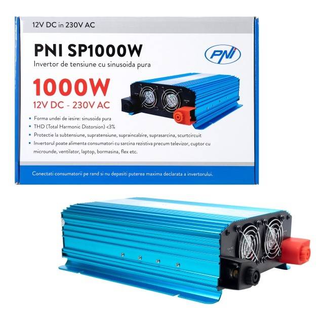 Invertor de tensiune PNI SP1000W cu sinusoida pura, alimentare 12V