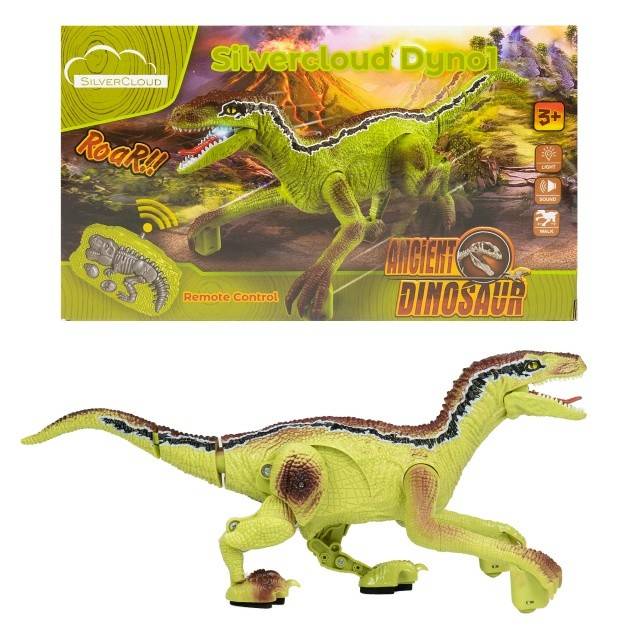 Jucarie dinozaur Silvercloud Dyno1 cu telecomanda, emite 4 tipuri de sunete, mers inainte si inapoi, LED, acumulator incorporat 500mAh
