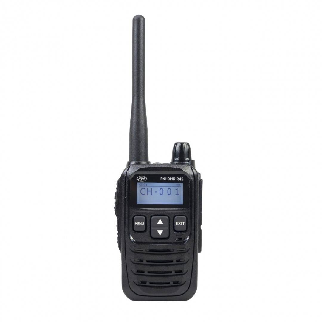 Kit 2 statii radio portabile PNI DMR R45, digital si analogic, 446MHz, 16 canale digitale si 99 canale analogice, functie inregistrare voce, baterie