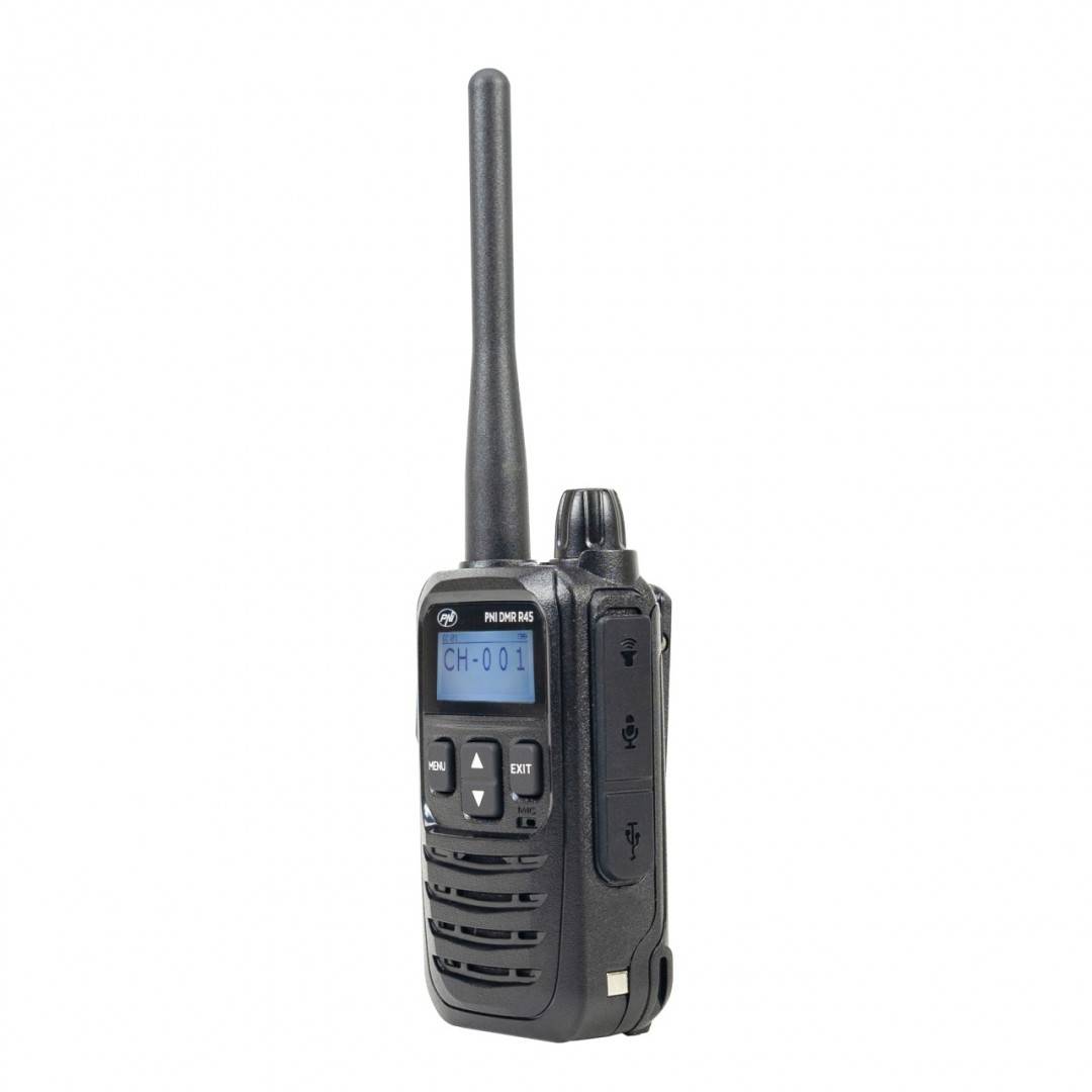 Kit 2 statii radio portabile PNI DMR R45, digital si analogic, 446MHz, 16 canale digitale si 99 canale analogice, functie inregistrare voce, baterie