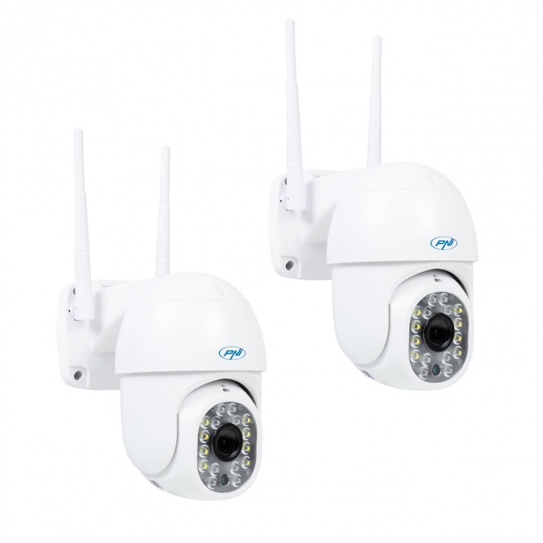 Kit 2bucati Camera supraveghere video wireless PNI IP440 WiFi PTZ, 4MP, zoom digital, slot micro SD, stand-alone, alarma detectie miscare, urmarire