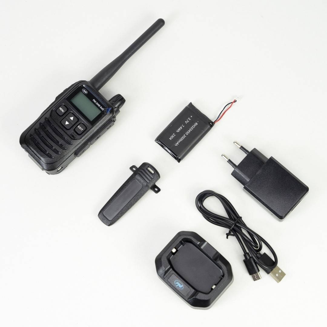 Kit 6 statii radio portabile PNI DMR R45, digital si analogic, 446MHz, 16 canale digitale si 99 canale analogice, functie inregistrare voce, baterie