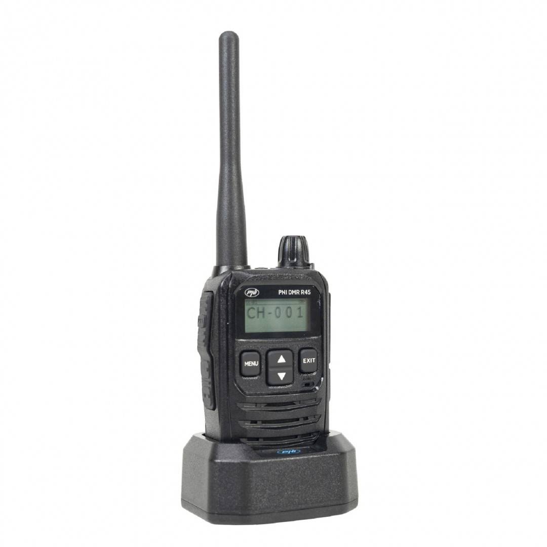 Kit 6 statii radio portabile PNI DMR R45, digital si analogic, 446MHz, 16 canale digitale si 99 canale analogice, functie inregistrare voce, baterie