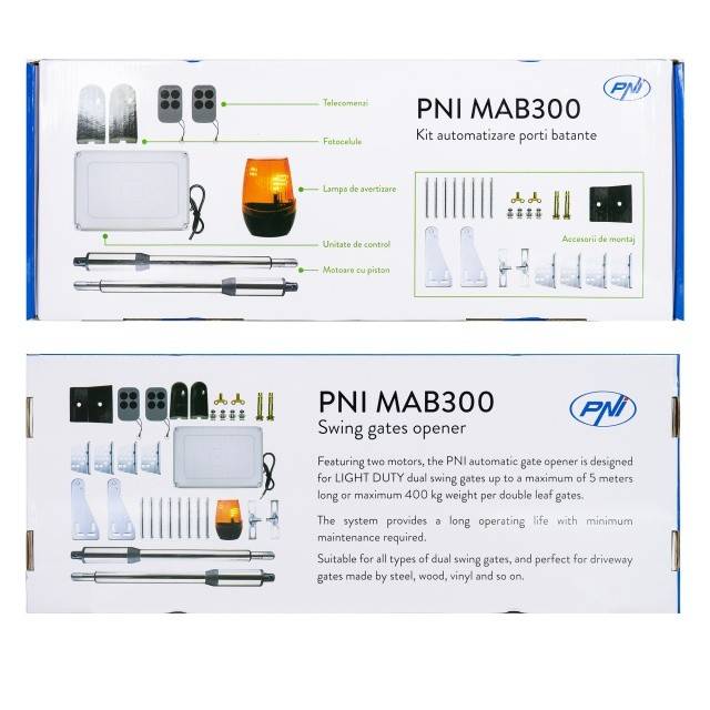Kit automatizare porti batante PNI MAB300, cu 2 motoare 40W, telecomenzi si panou de control, fotocelule si lampa, lungime poarta 2 x 2.5m max,