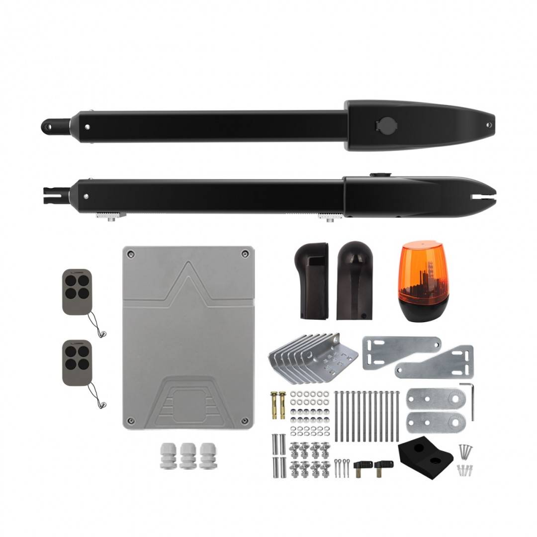 Kit automatizare porti batante PNI MAB600 cu 2 motoare, lampa, fotocelule, telecomenzi si panou de control, lungime poarta 2 x 3m max, greutate porti