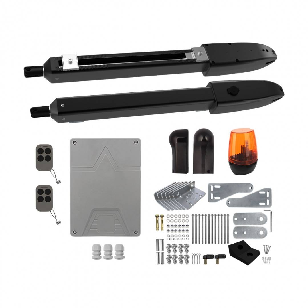 Kit automatizare porti batante PNI MAB600 cu 2 motoare, lampa, fotocelule, telecomenzi si panou de control, lungime poarta 2 x 3m max, greutate porti