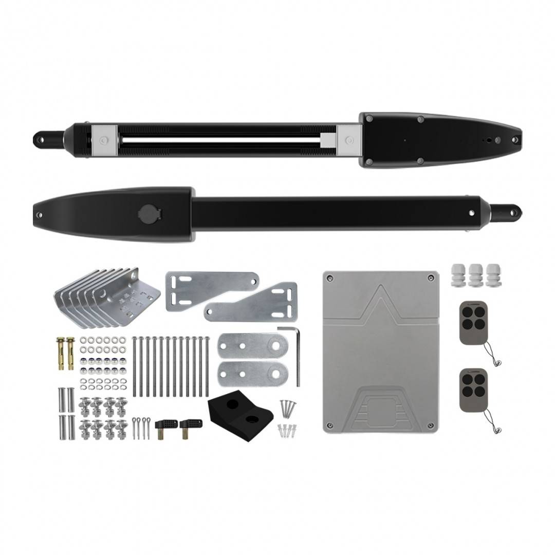 Kit automatizare porti batante PNI MAB600 cu 2 motoare, lampa, fotocelule, telecomenzi si panou de control, lungime poarta 2 x 3m max, greutate porti