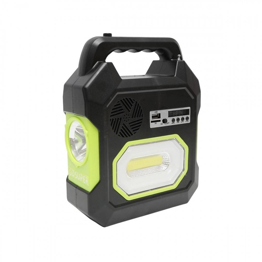 Kit iluminat portabil LED cu 3 becuri/proiector, radio FM panou solar si baterie 6V, 4.5 Ah pentru pescuit camping GD-15