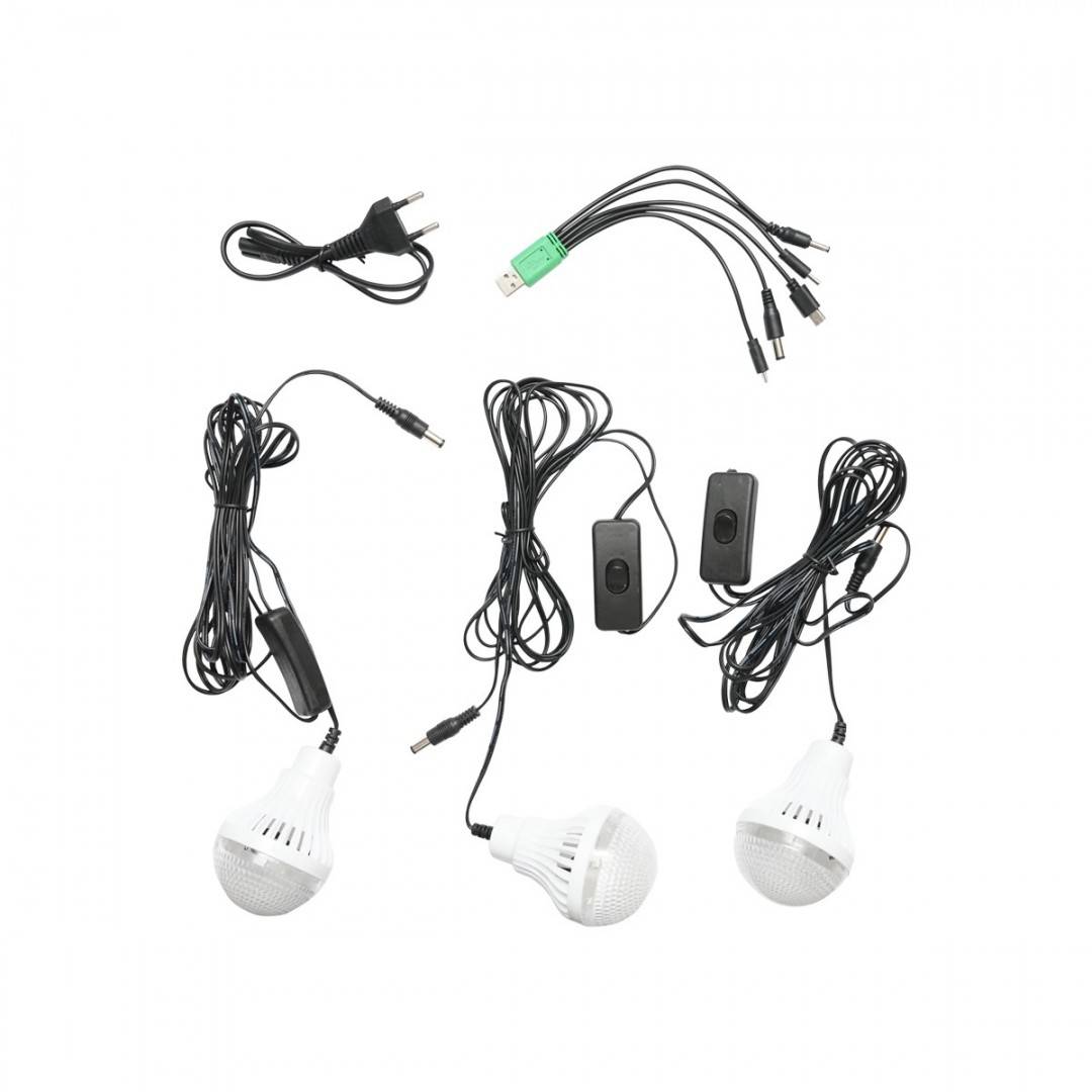 Kit iluminat portabil LED cu 3 becuri/proiector, radio FM panou solar si baterie 6V, 4.5 Ah pentru pescuit camping GD-15