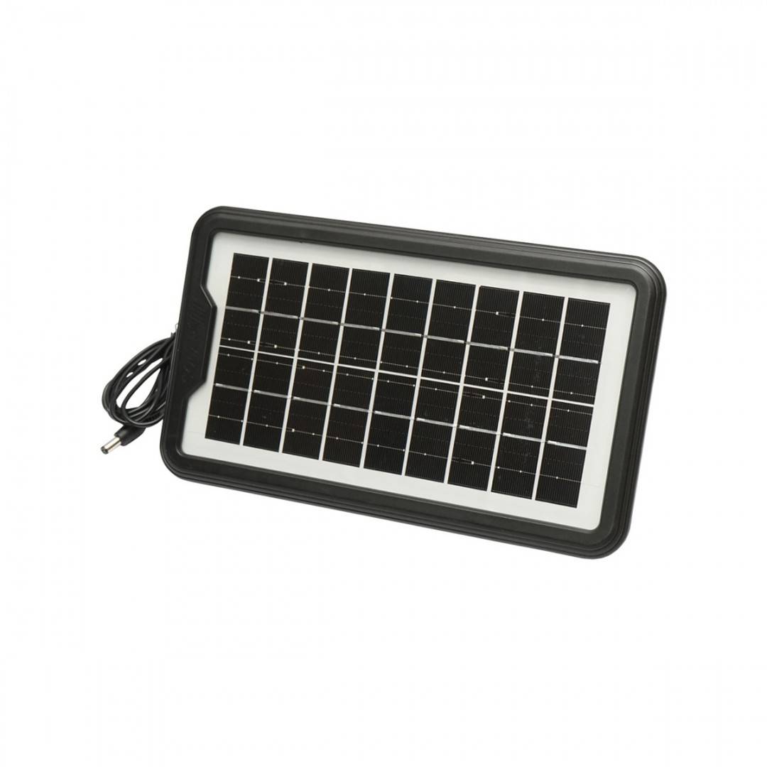 Kit iluminat portabil LED cu 3 becuri/proiector, radio FM panou solar si baterie 6V, 4.5 Ah pentru pescuit camping GD-15