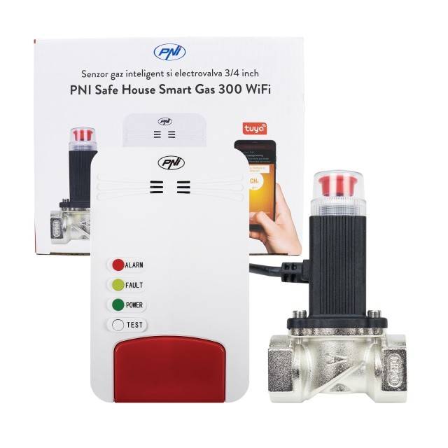 Kit senzor gaz inteligent si electrovalva PNI Safe House Smart Gas 300 WiFi cu alertare sonora, aplicatie de mobil Tuya Smart, integrare in scenarii