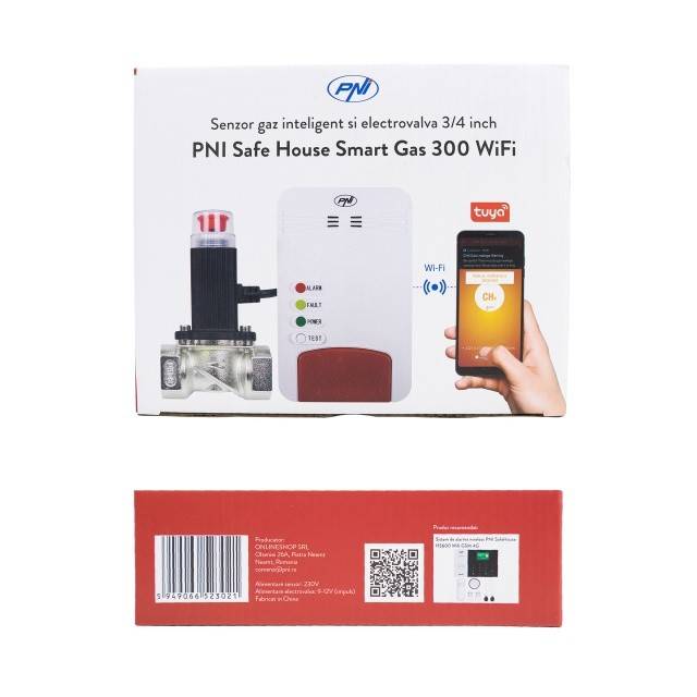 Kit senzor gaz inteligent si electrovalva PNI Safe House Smart Gas 300 WiFi cu alertare sonora, aplicatie de mobil Tuya Smart, integrare in scenarii