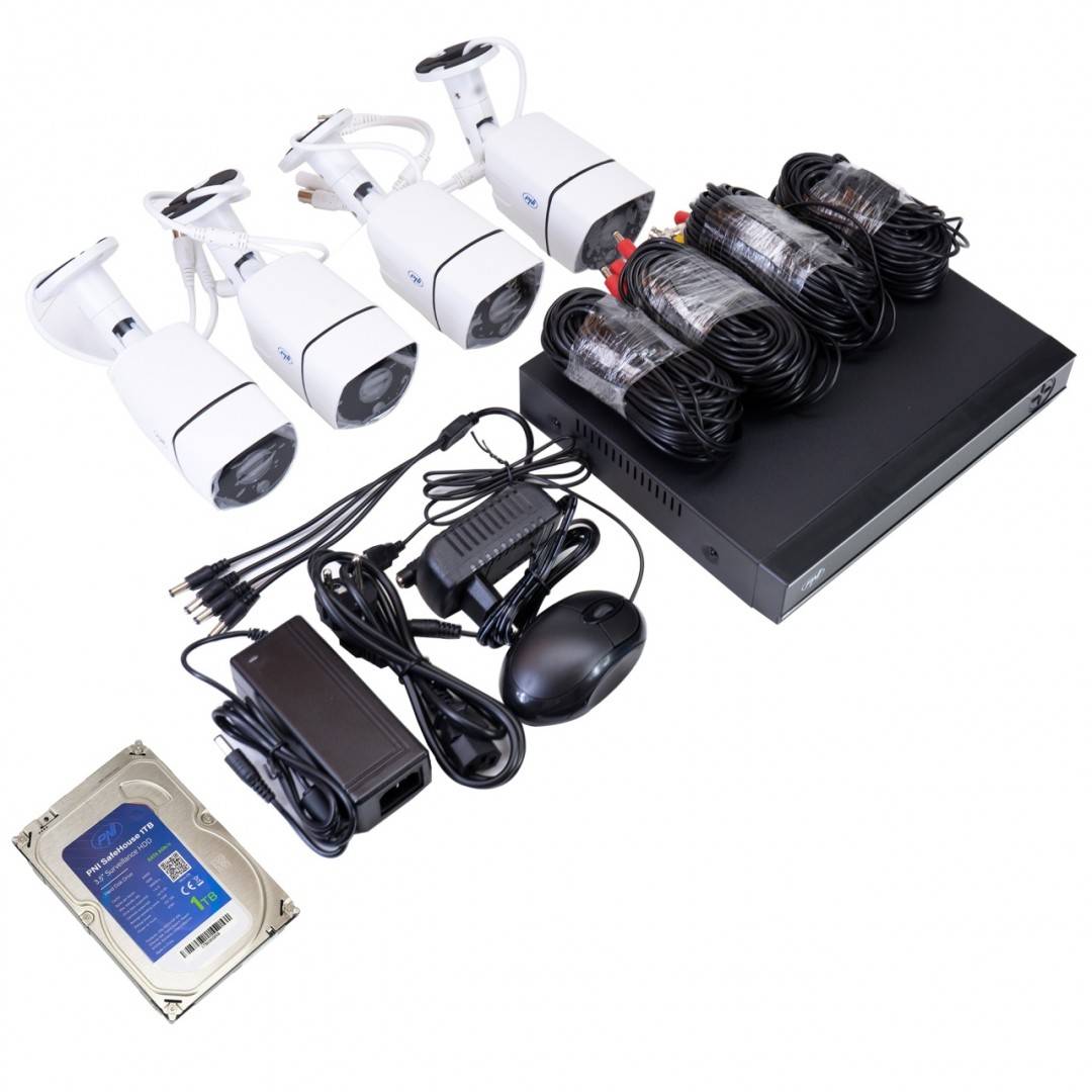 Kit supraveghere video AHD PNI House PTZ1300 Full HD cu 4 camere exterior 2MP, 1080P si PNI SafeHouse 1TB inclus