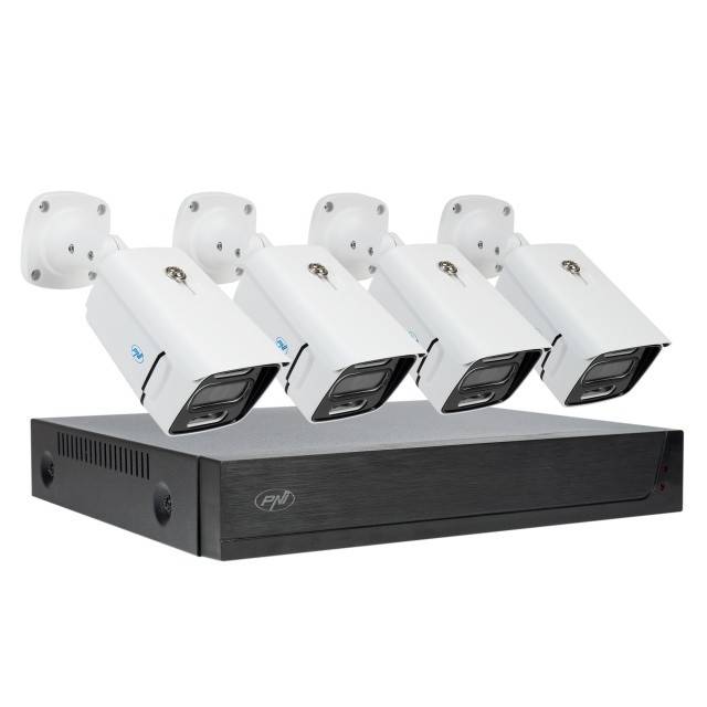 Kit supraveghere video PNI House IPMAX POE 3, NVR cu 4 porturi POE, ONVIF si 4 camere cu IP 3MP, de exterior, Power over Ethernet, detectie chip,