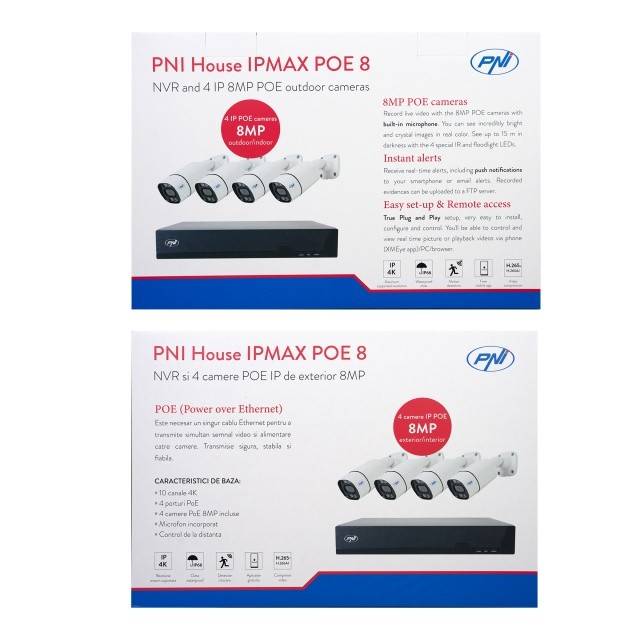 Kit supraveghere video PNI House IPMAX POE 8, NVR cu 4 porturi POE si 4 camere cu IP 8MP, IP66