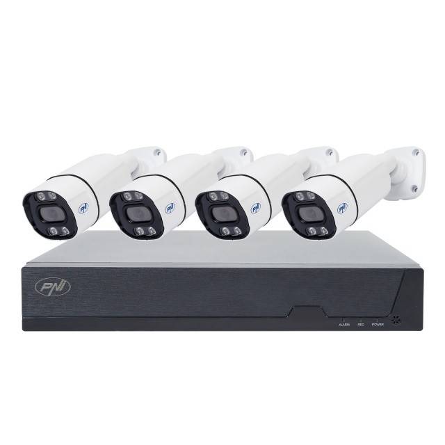 Kit supraveghere video PNI House IPMAX POE 8, NVR cu 4 porturi POE si 4 camere cu IP 8MP, IP66