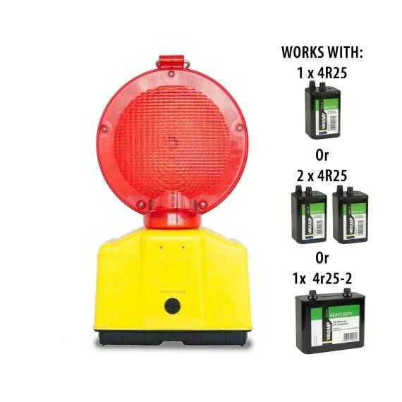 Lampa de santier rosie cu lumina intermitenta, functioneaza cu baterii.