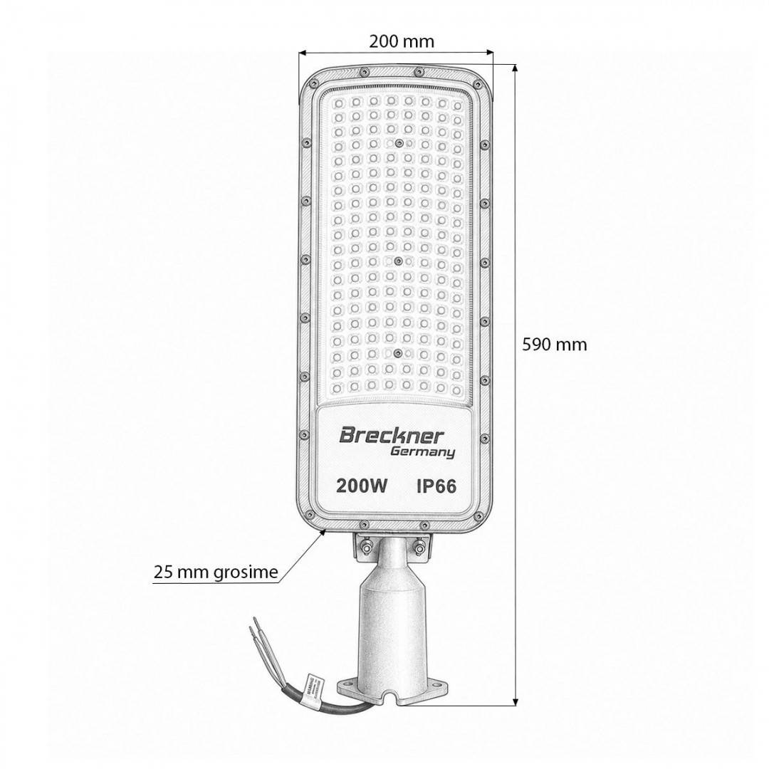 Lampa iluminat stradal LED 200W, 100-265V, 6500K, 22000lm cu prindere pe stalp 590x200x25mm IP66 Breckner Germany