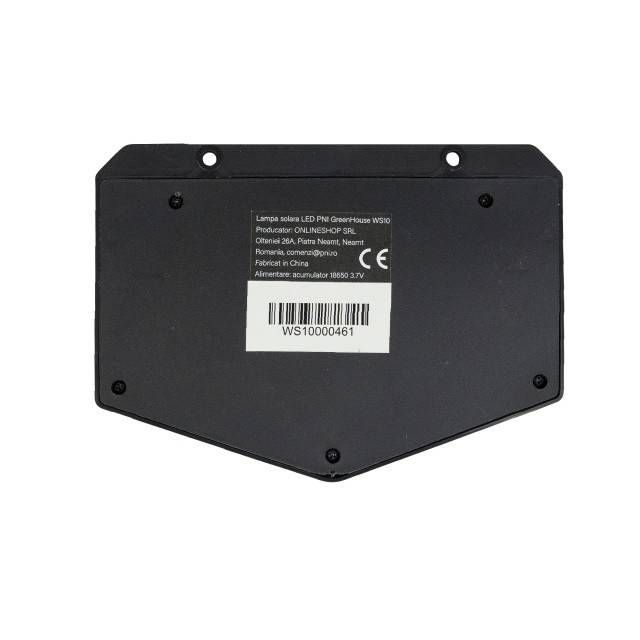 Lampa solara LED PNI GreenHouse WS10, 100 LED-uri, 600 lm, unghi PIR 120 grade, acumulator 1800 mAh, montaj pe perete
