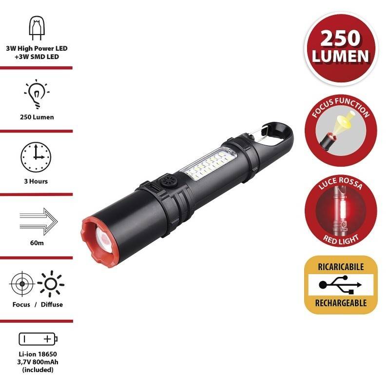 Lanterna LED reincarcabila din plastic, 3W. Prevazuta cu lanterna laterala si functie de zoom