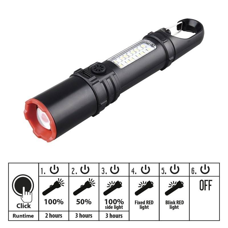 Lanterna LED reincarcabila din plastic, 3W. Prevazuta cu lanterna laterala si functie de zoom