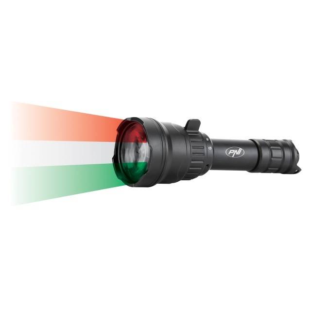 Lanterna PNI Adventure F300 cu LED in 3 culori, alb, rosu, verde, IP68 waterproof, distanta 500 m, flux luminos 540 lm, acumulator 18650 3000mAh