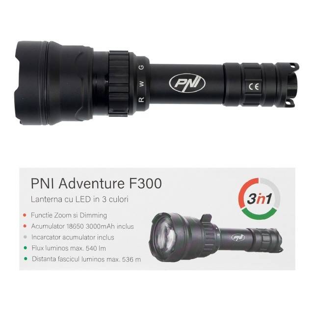 Lanterna PNI Adventure F300 cu LED in 3 culori, alb, rosu, verde, IP68 waterproof, distanta 500 m, flux luminos 540 lm, acumulator 18650 3000mAh