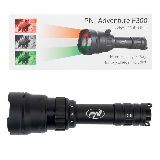 Lanterna PNI Adventure F300 cu LED in 3 culori, alb, rosu, verde, IP68 waterproof, distanta 500 m, flux luminos 540 lm, acumulator 18650 3000mAh