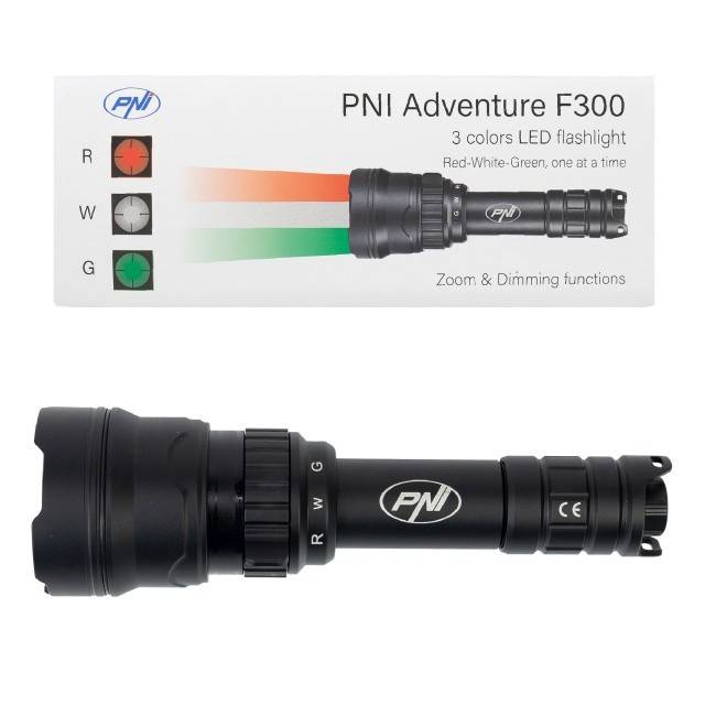 Lanterna PNI Adventure F300 cu LED in 3 culori, alb, rosu, verde, IP68 waterproof, distanta 500 m, flux luminos 540 lm, acumulator 18650 3000mAh