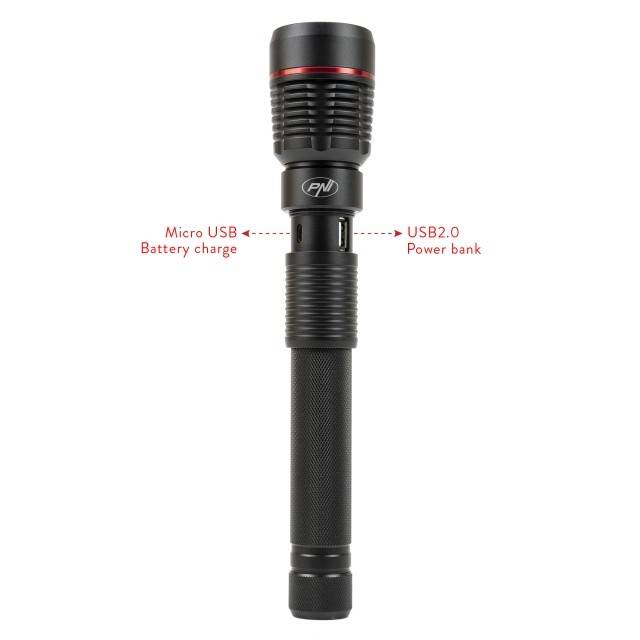 Lanterna PNI Adventure F450 din aluminiu cu focus si functie BOOST, led 20 W, 1500 lm pana la 450 m, IPX5, power bank cu iesire USB, incarcare prin