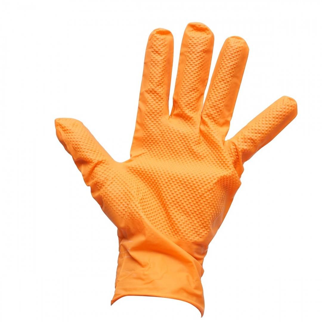 Manusi din nitril portocalii nepudrate cu textura diamond grip, marimea M 50 buc/cutie