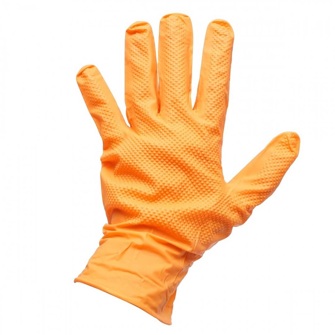 Manusi din nitril portocalii nepudrate cu textura diamond grip, marimea M 50 buc/cutie
