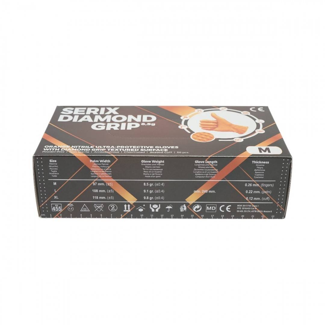 Manusi din nitril portocalii nepudrate cu textura diamond grip, marimea M 50 buc/cutie