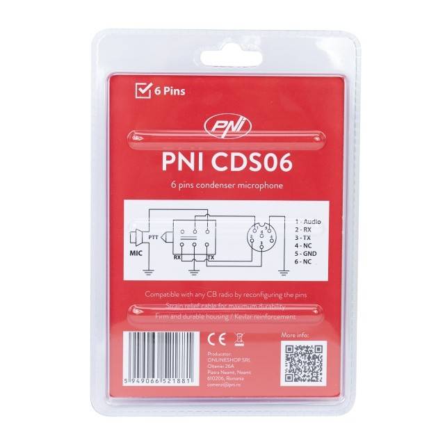 Microfon PNI CDS06 tip condenser cu 6 pini pentru statie radio CB, compatibil cu statii CB President, Midland, Albrecht